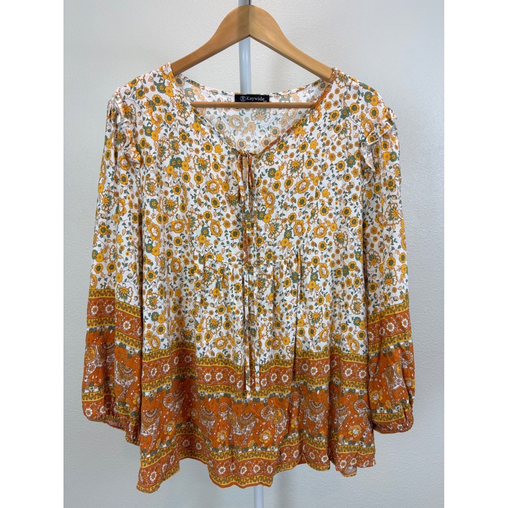 Kaywide Women's Boho Floral Peasant Blouse Babydoll Prairie Bohemian Elephant